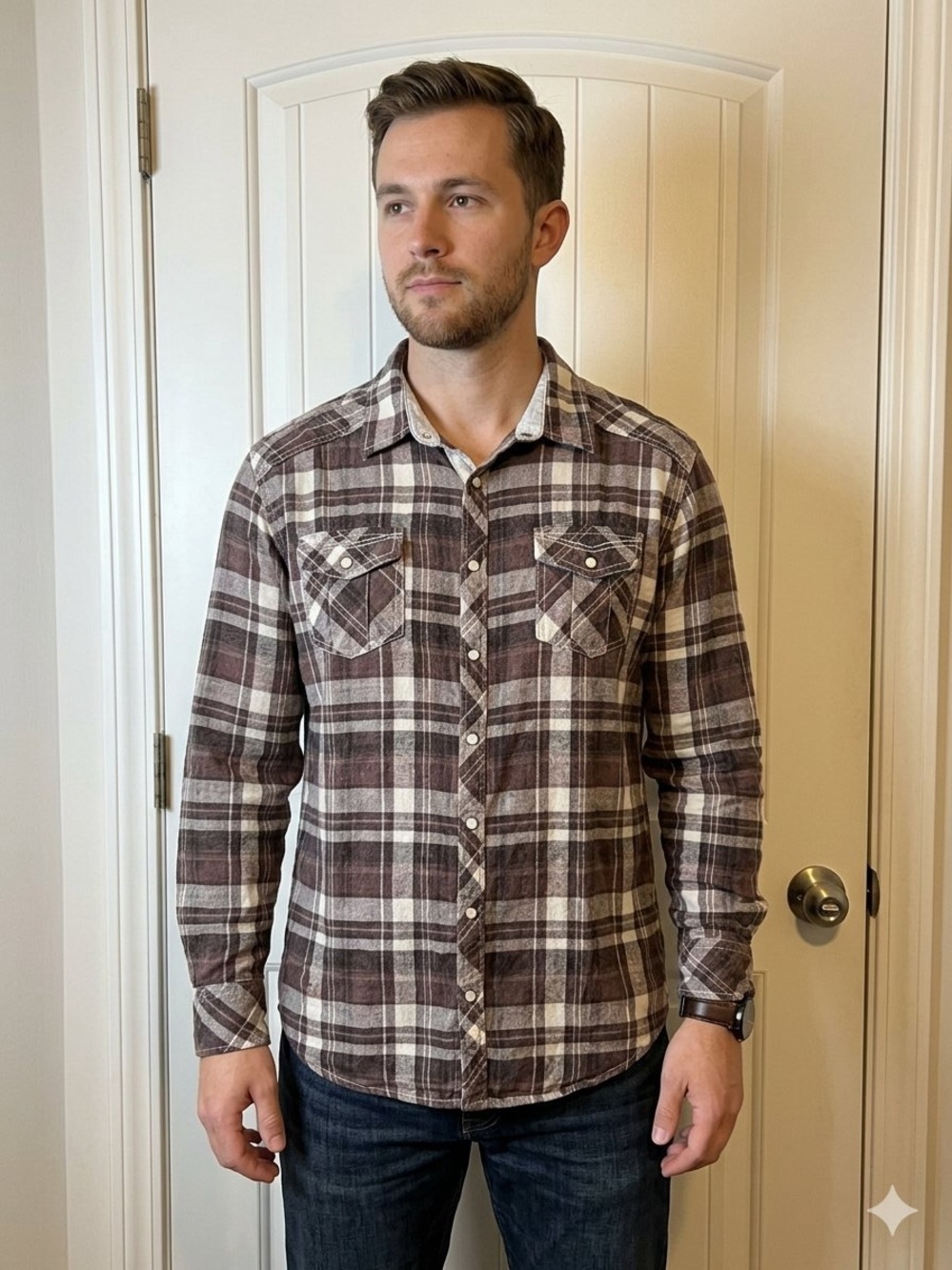 BKE Brown and White Plaid Button-Down Shirt